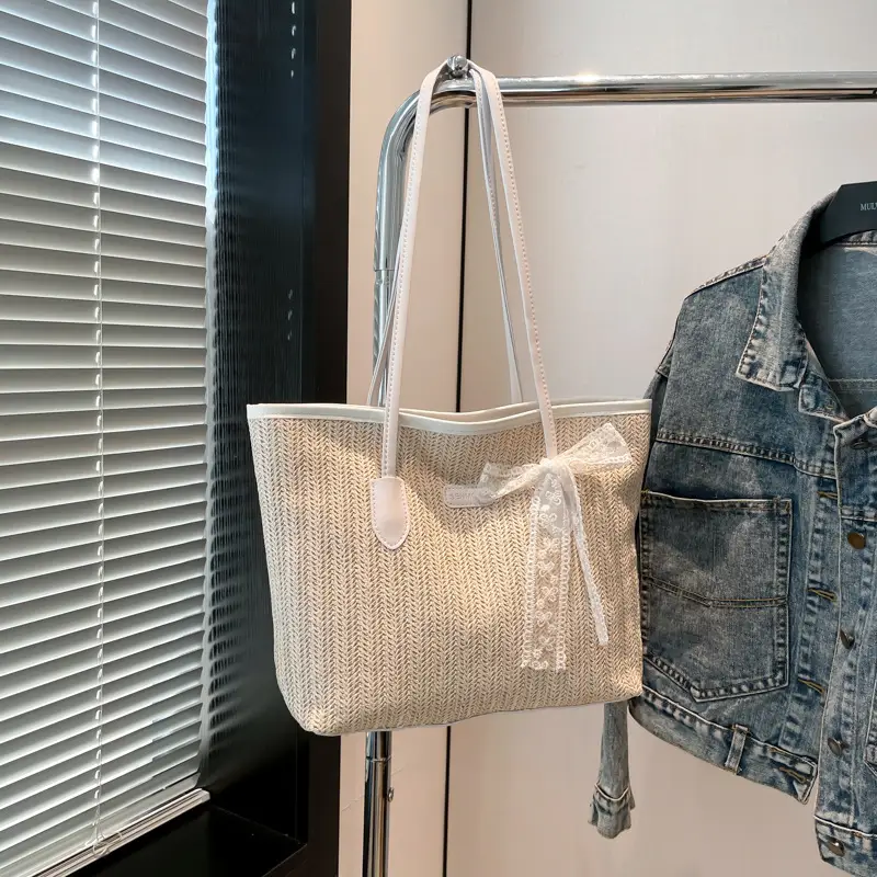 Women Straw Woven Handbag Large Capacity Peach Handle - Image 2