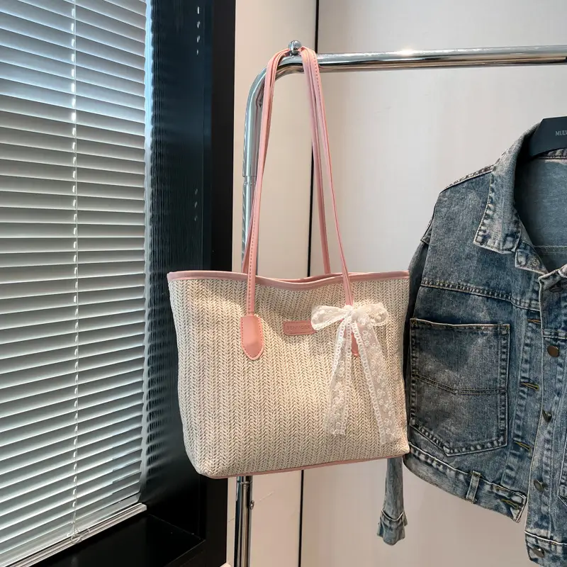Women Straw Woven Handbag Large Capacity Peach Handle - Image 4