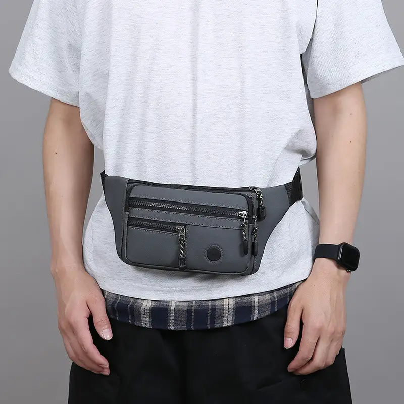 Men's Multi-Layer Waist Bag PU Leather Grey - Image 7