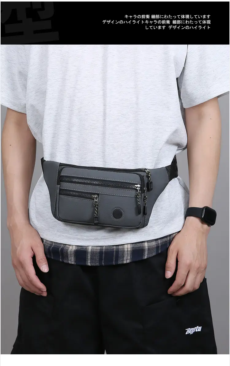Men's Multi-Layer Waist Bag PU Leather Grey — feature 22