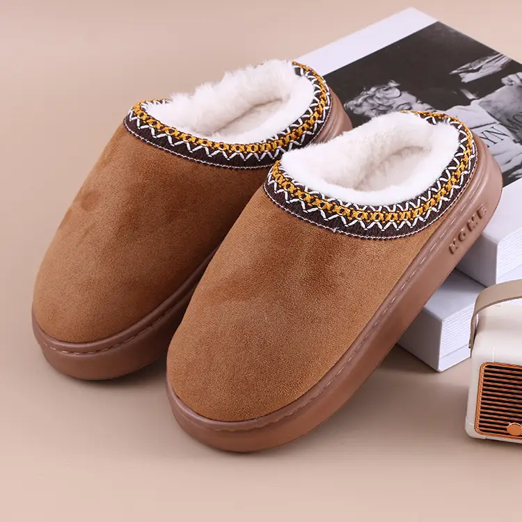 Cross-Border 2025 New Faux Suede Home Cotton Slippers, Ethnic Style Fashionable Thick-Soled Non-Slip Warm Cotton Slippers