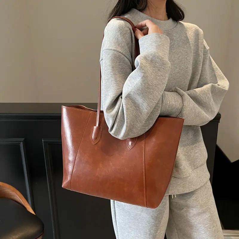 Large Capacity Tan Leather Tote Bag for Women - Image 4