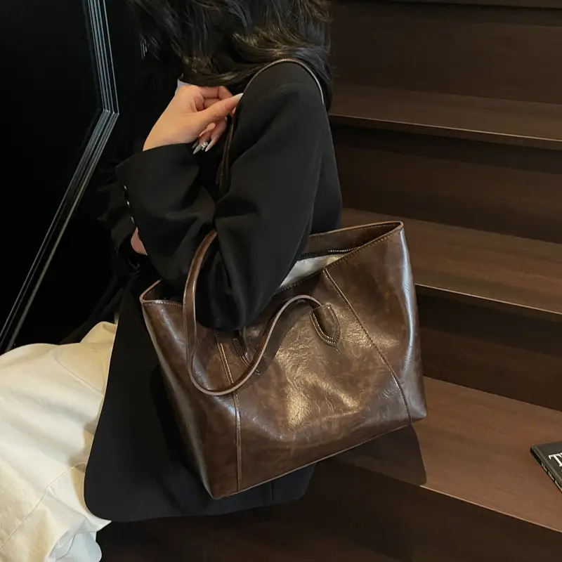 Large Capacity Tan Leather Tote Bag for Women - Image 5