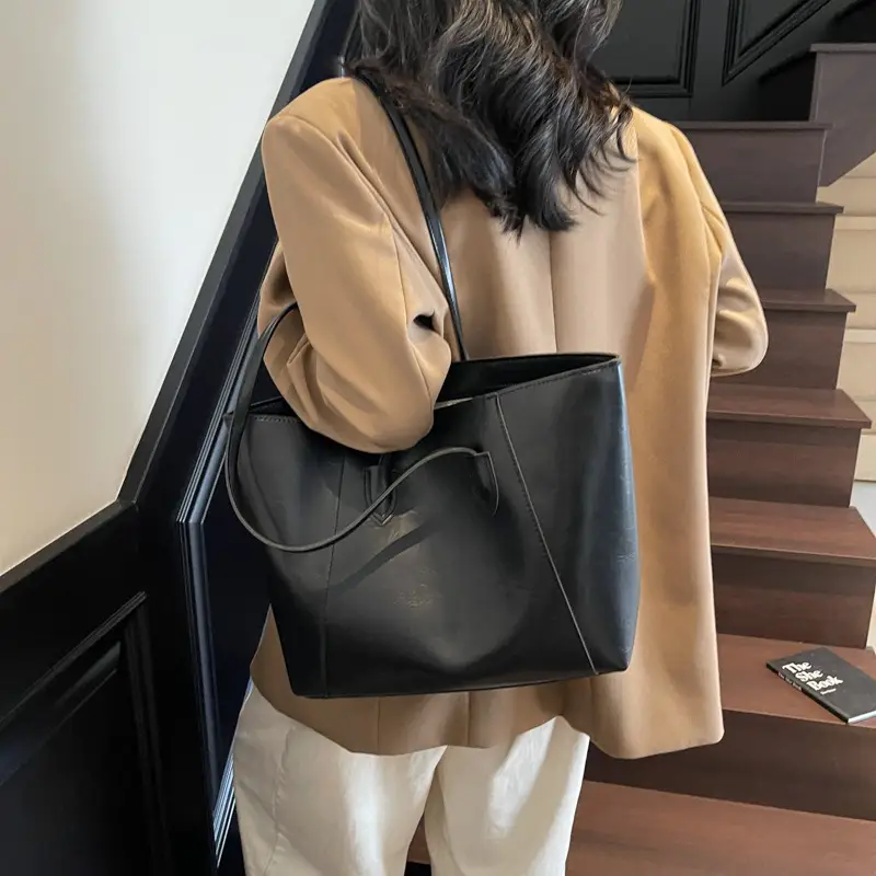 Large Capacity Tan Leather Tote Bag for Women - Image 6