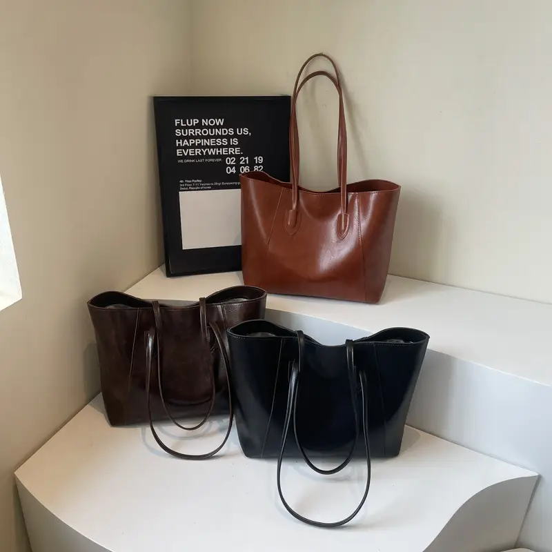 Large Capacity Tan Leather Tote Bag for Women - Image 7