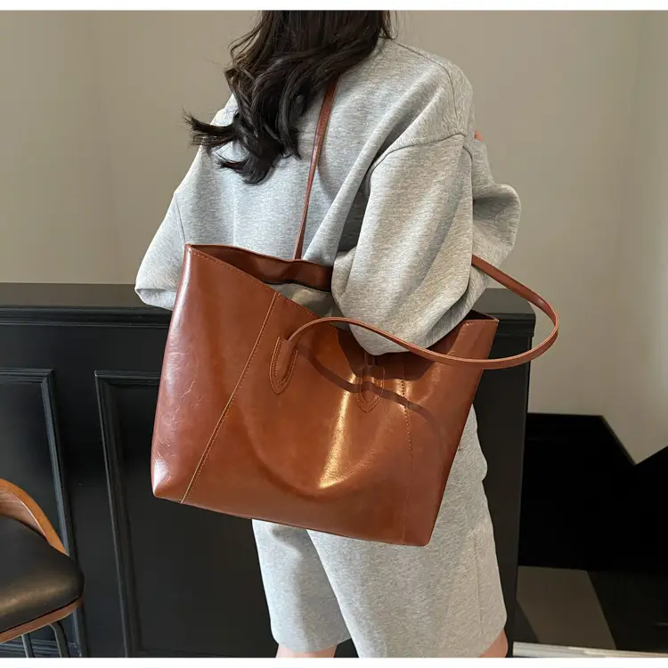 Large Capacity Tan Leather Tote Bag for Women — feature 19
