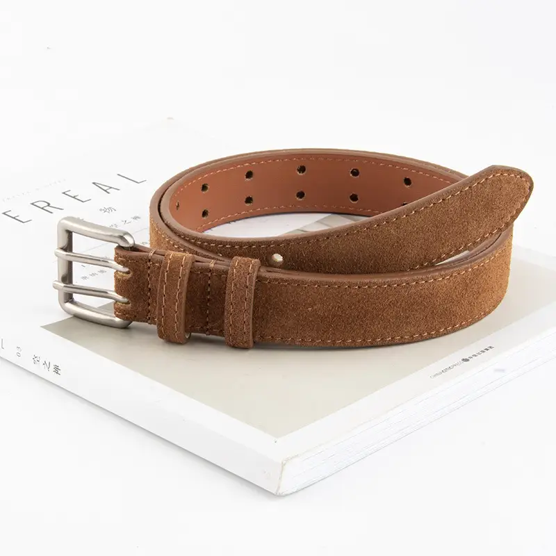 Women's Brown Leather Belt with Double Row Hole & Alloy Button - Image 14