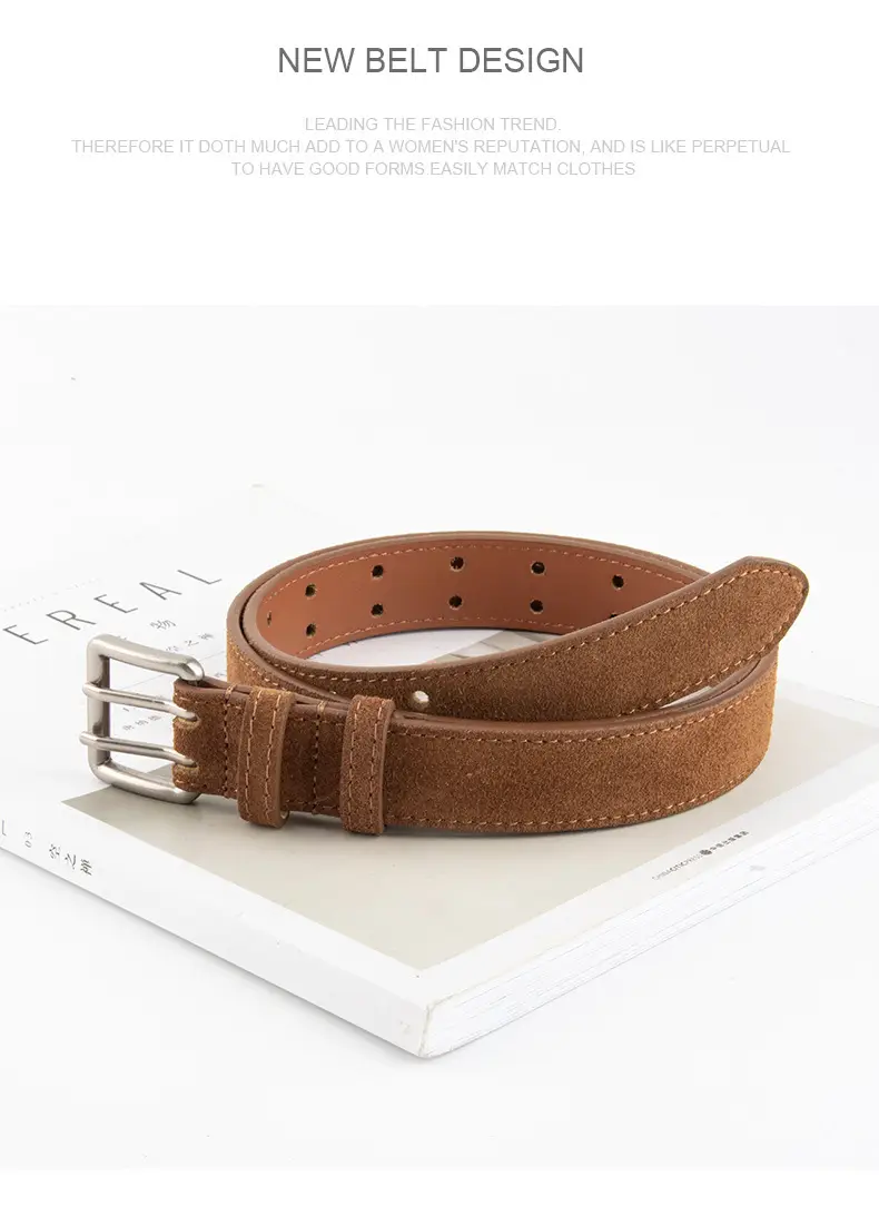 Women's Brown Leather Belt with Double Row Hole & Alloy Button — feature 10