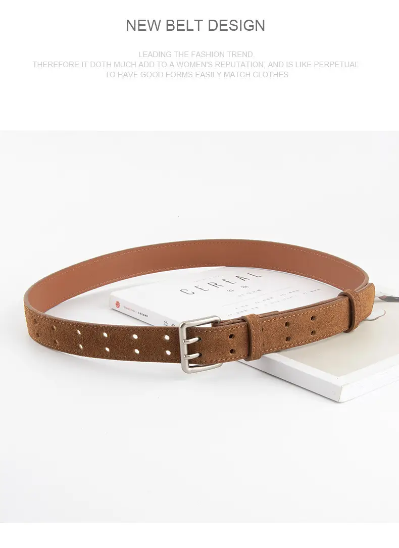 Women's Brown Leather Belt with Double Row Hole & Alloy Button — feature 11