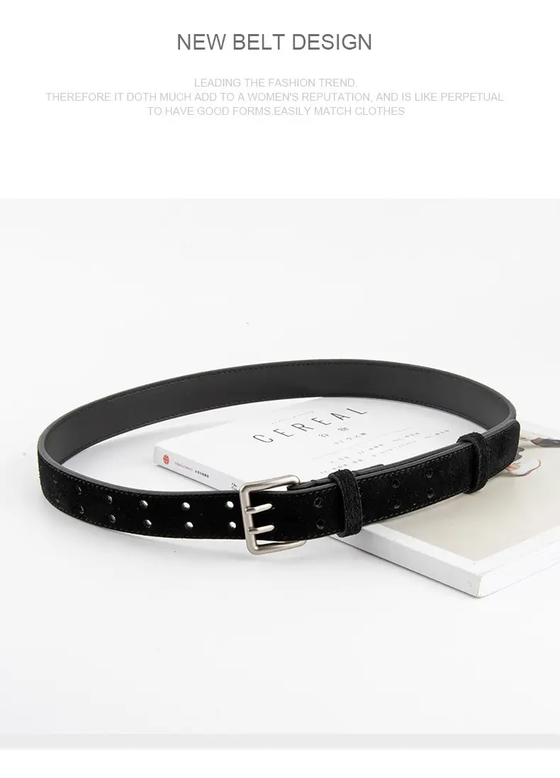 Women's Brown Leather Belt with Double Row Hole & Alloy Button — feature 12