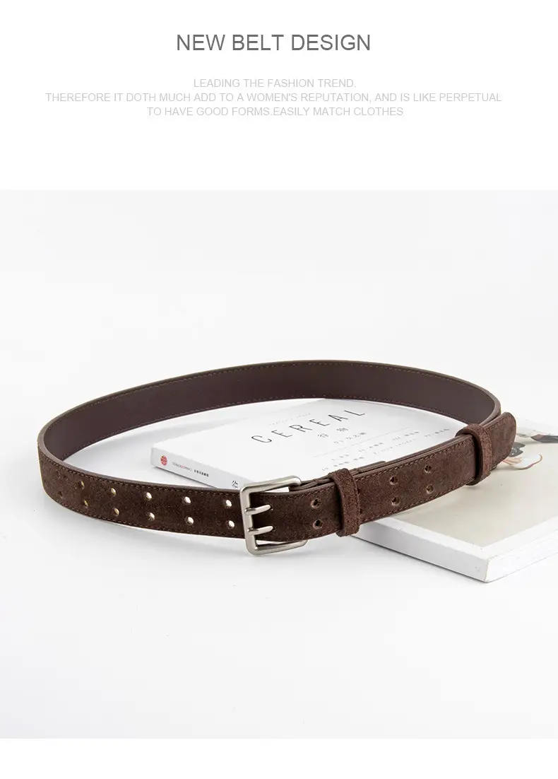 Women's Brown Leather Belt with Double Row Hole & Alloy Button — feature 13