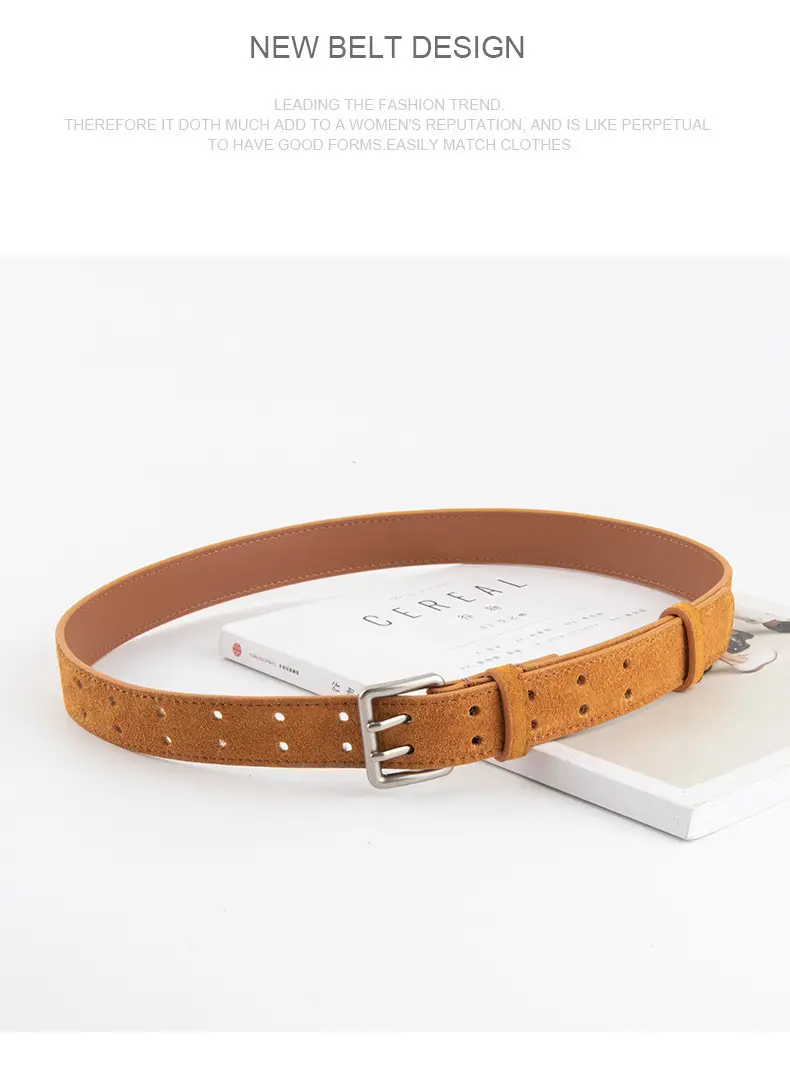Women's Brown Leather Belt with Double Row Hole & Alloy Button — feature 14