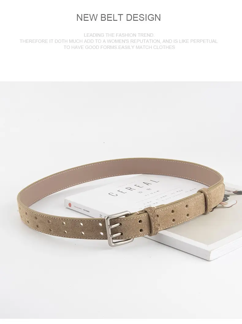 Women's Brown Leather Belt with Double Row Hole & Alloy Button — feature 15