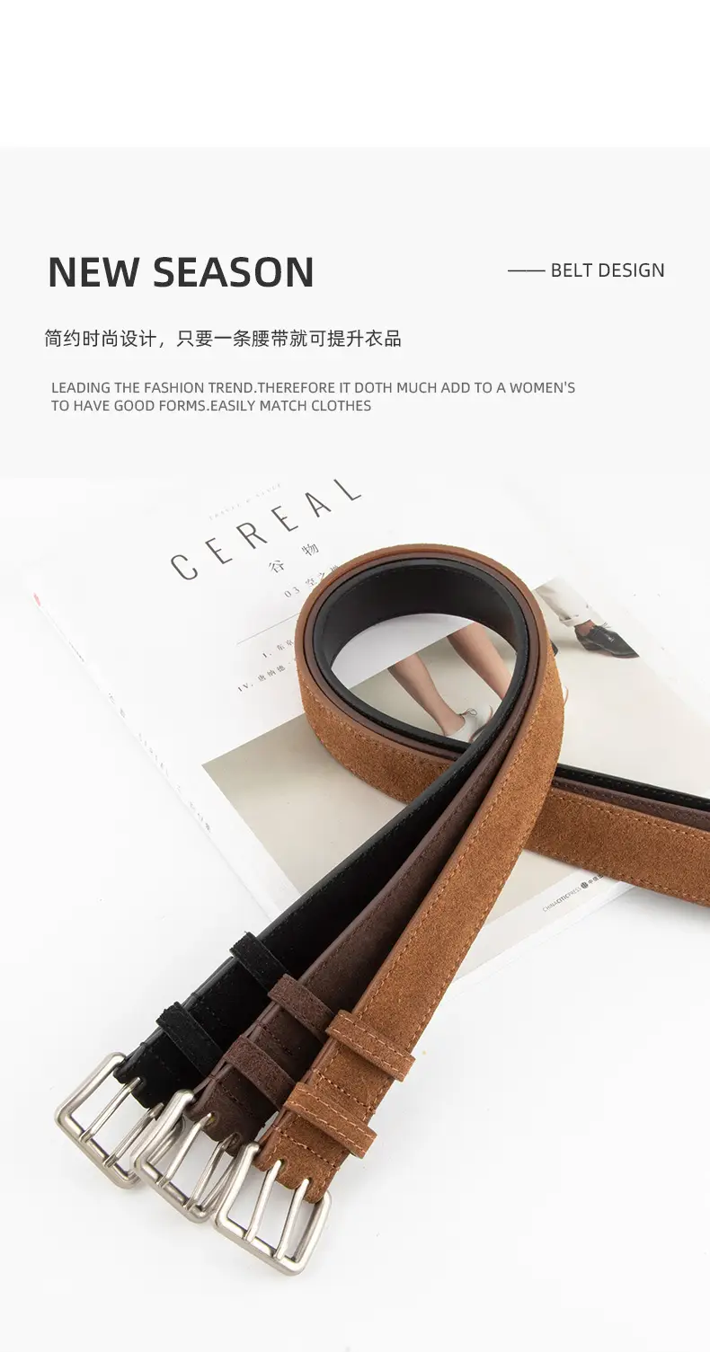 Women's Brown Leather Belt with Double Row Hole & Alloy Button — feature 4