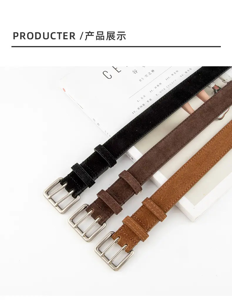 Women's Brown Leather Belt with Double Row Hole & Alloy Button — feature 9