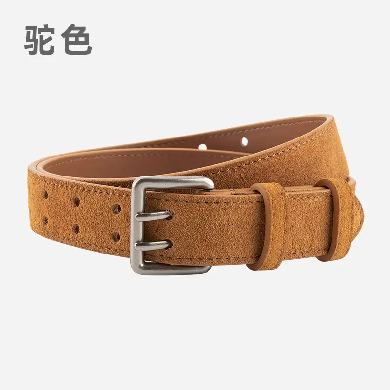 Women's Brown Leather Belt with Double Row Hole & Alloy Button - Image 10
