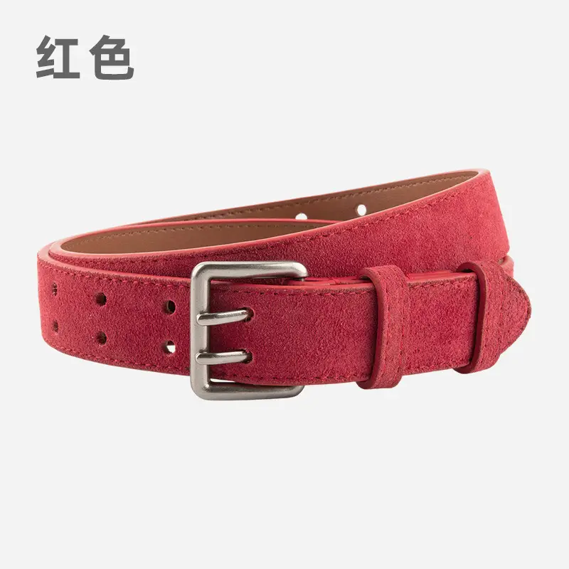 Women's Brown Leather Belt with Double Row Hole & Alloy Button - Image 2