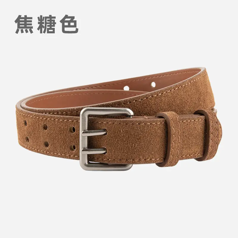 Women's Brown Leather Belt with Double Row Hole & Alloy Button - Image 3