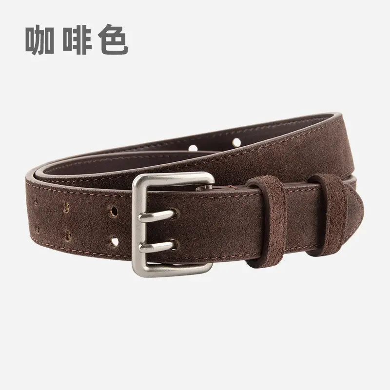 Women's Brown Leather Belt with Double Row Hole & Alloy Button - Image 4