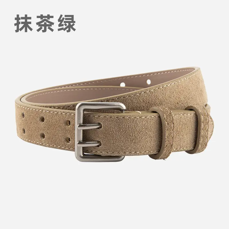 Women's Brown Leather Belt with Double Row Hole & Alloy Button - Image 6