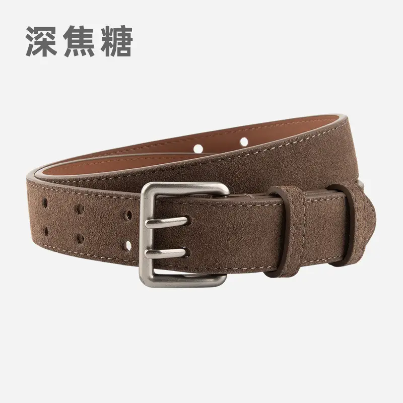 Women's Brown Leather Belt with Double Row Hole & Alloy Button - Image 8