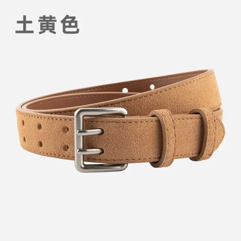 Women's Brown Leather Belt with Double Row Hole & Alloy Button - Image 9
