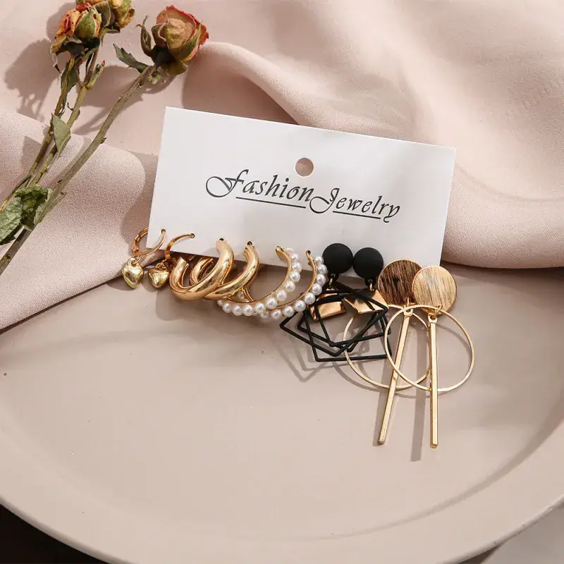 Retro Imitation Earrings Set 5 Pairs Gold Black - Image 4