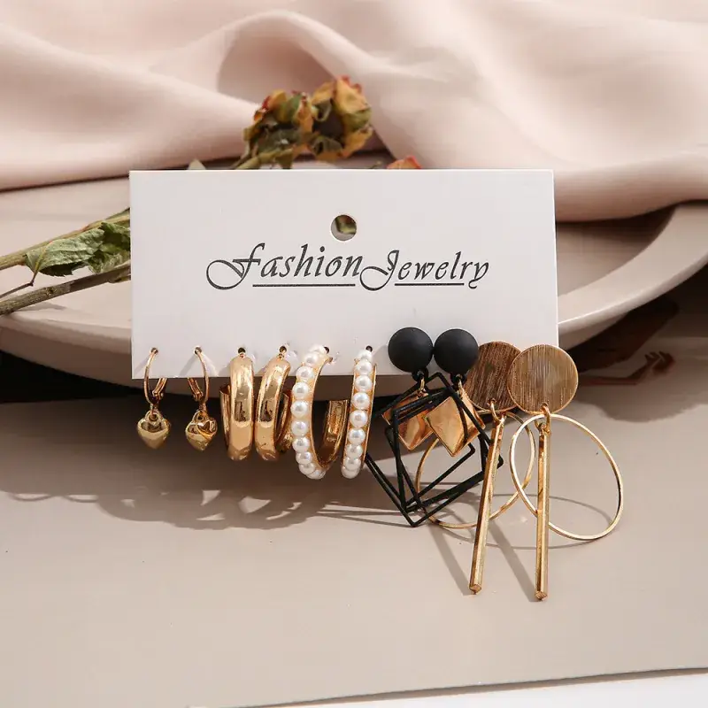 Retro Imitation Earrings Set 5 Pairs Gold Black - Image 5