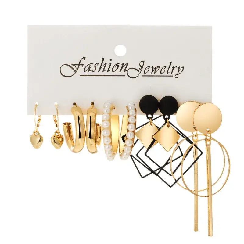 Retro Imitation Earrings Set 5 Pairs Gold Black - Image 6