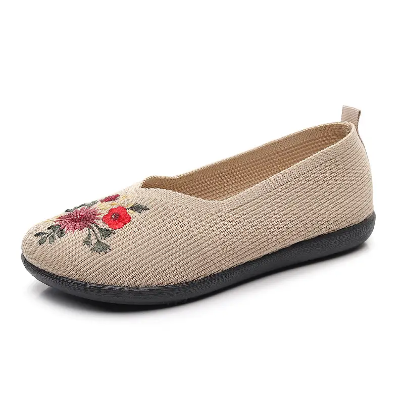 New Spring and Autumn Old Beijing Cloth Shoes Women's Single Shoes Non-slip Soft Sole Comfortable Middle-aged and Elderly Embroidered Fly-woven Breathable Single Shoes