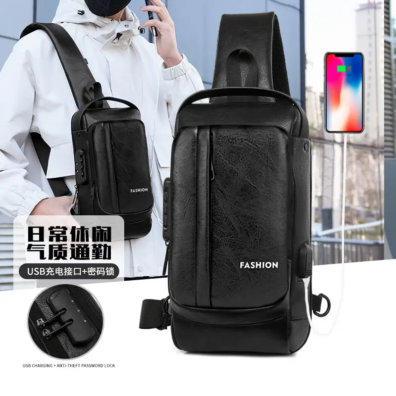 USB Charging Password Lock Men's Black Chest Bag - Image 5