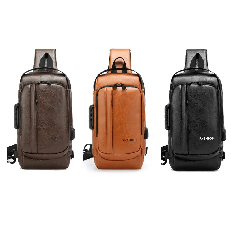 USB Charging Password Lock Men's Black Chest Bag - Image 6