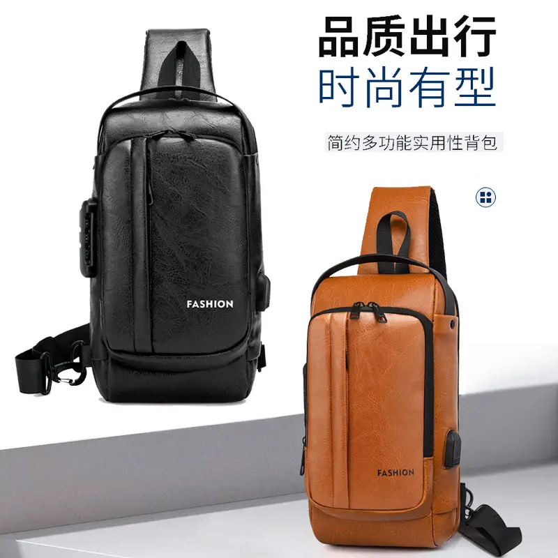 USB Charging Password Lock Men's Black Chest Bag - Image 7