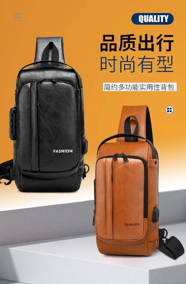 USB Charging Password Lock Men's Black Chest Bag — feature 1