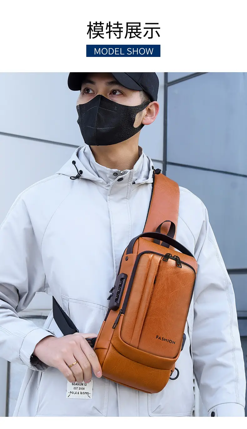 USB Charging Password Lock Men's Black Chest Bag — feature 17