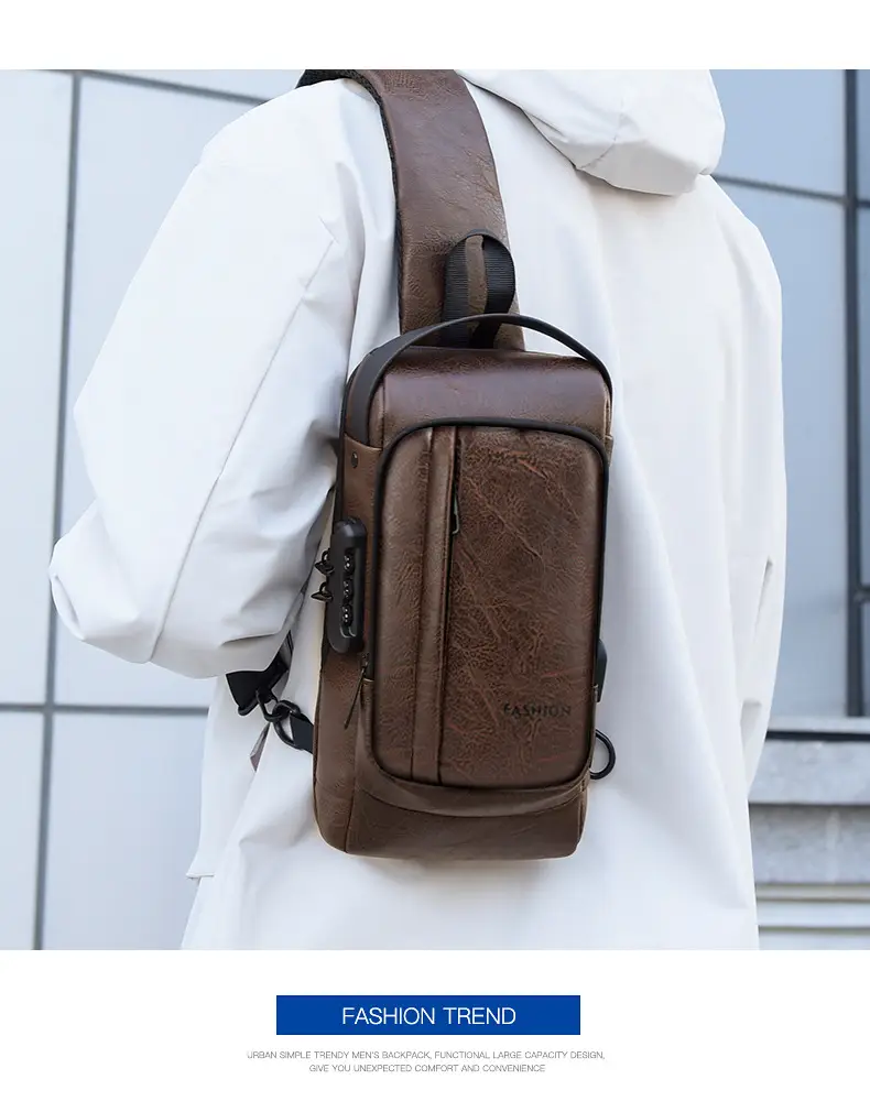 USB Charging Password Lock Men's Black Chest Bag — feature 18