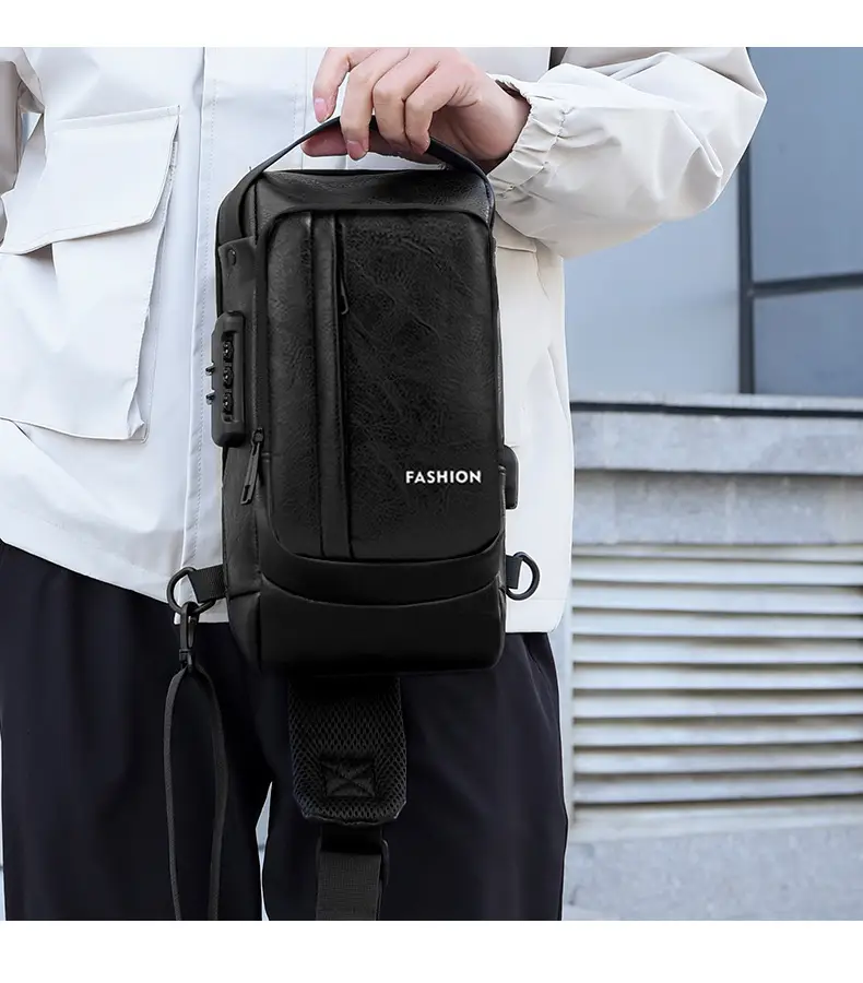 USB Charging Password Lock Men's Black Chest Bag — feature 19