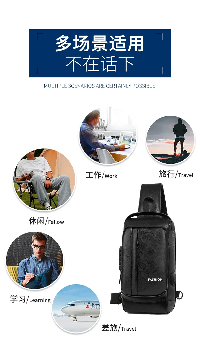 USB Charging Password Lock Men's Black Chest Bag — feature 2