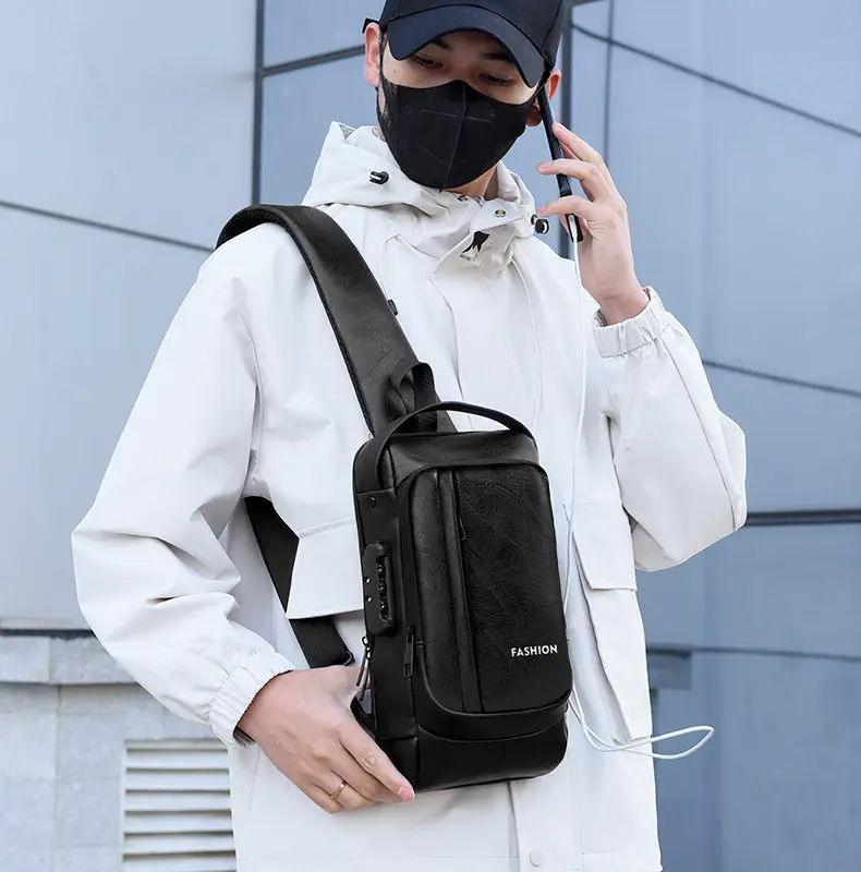 USB Charging Password Lock Men's Black Chest Bag — feature 20