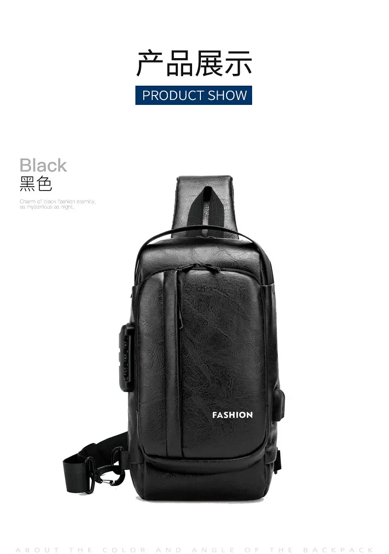 USB Charging Password Lock Men's Black Chest Bag — feature 22