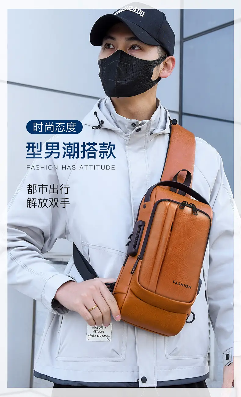 USB Charging Password Lock Men's Black Chest Bag — feature 3