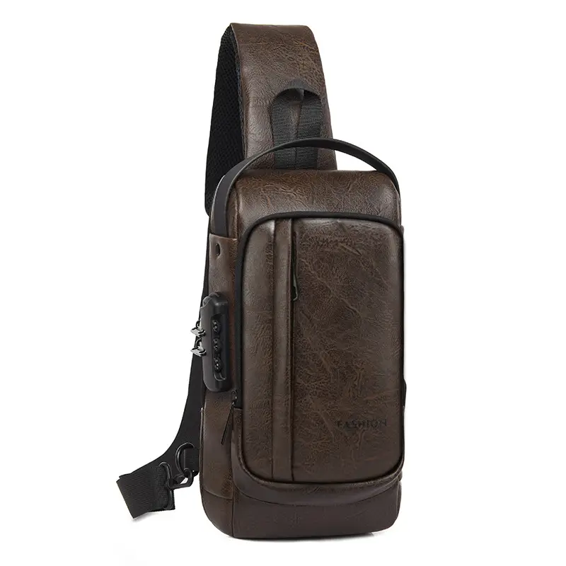 USB Charging Password Lock Men's Black Chest Bag - Image 2