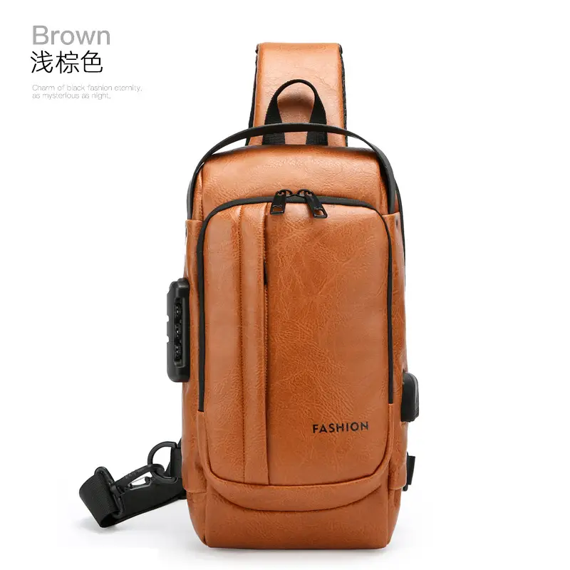 USB Charging Password Lock Men's Black Chest Bag - Image 3