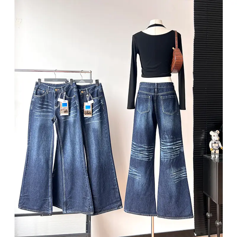 Dark Blue Cat Pattern Wide Leg Jeans for Women