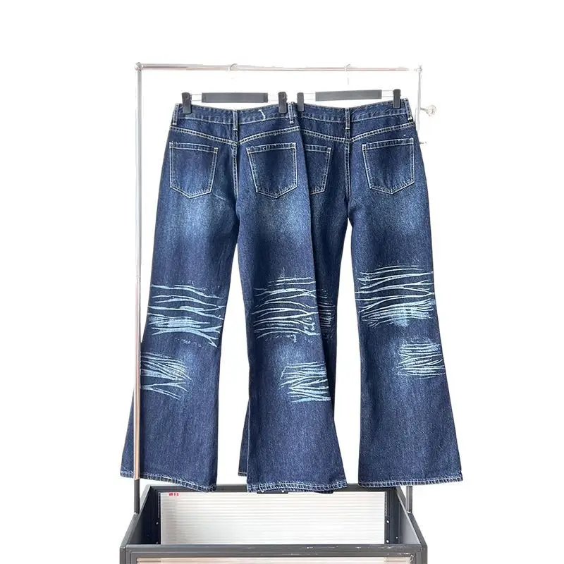 Dark Blue Cat Pattern Wide Leg Jeans for Women