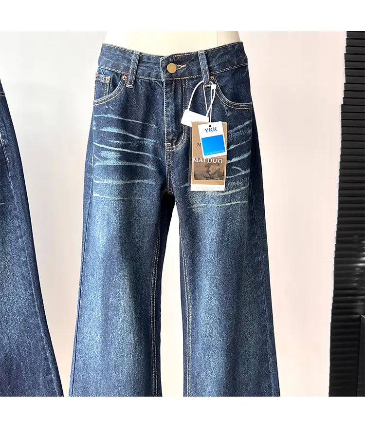 Dark Blue Cat Pattern Wide Leg Jeans for Women — feature 10