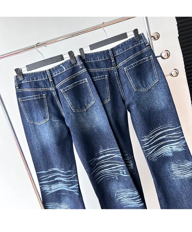 Dark Blue Cat Pattern Wide Leg Jeans for Women — feature 12