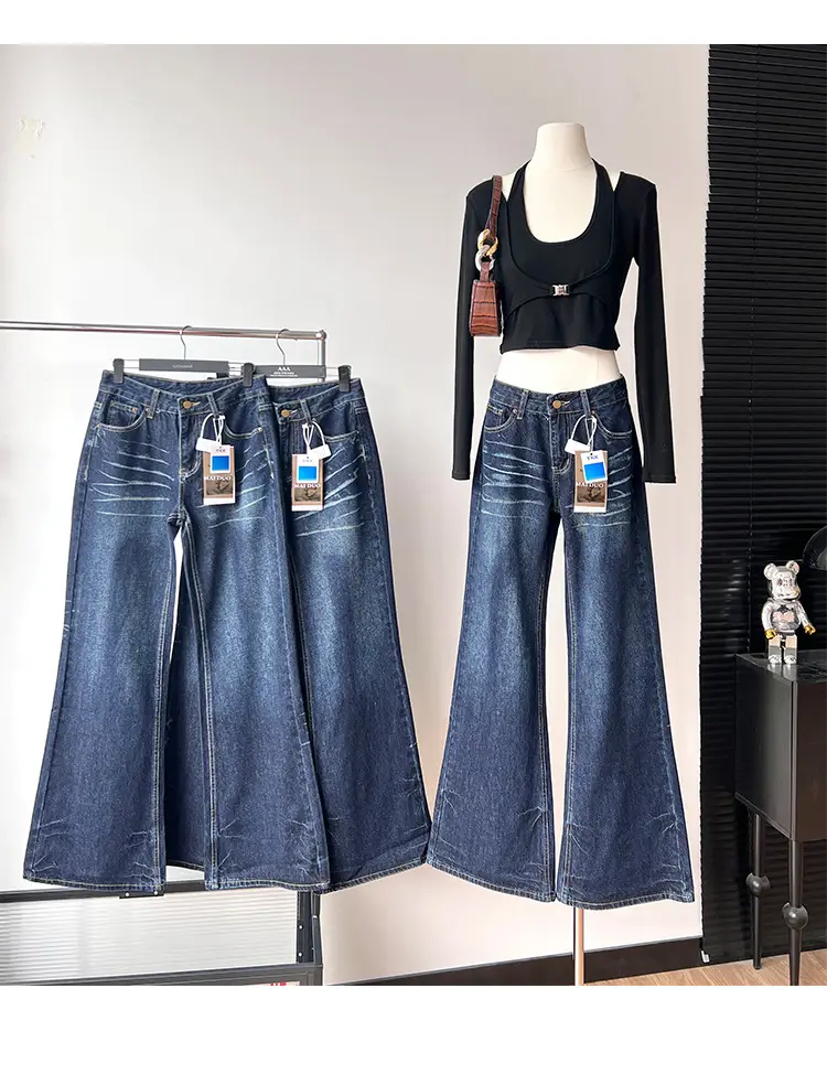 Dark Blue Cat Pattern Wide Leg Jeans for Women — feature 4