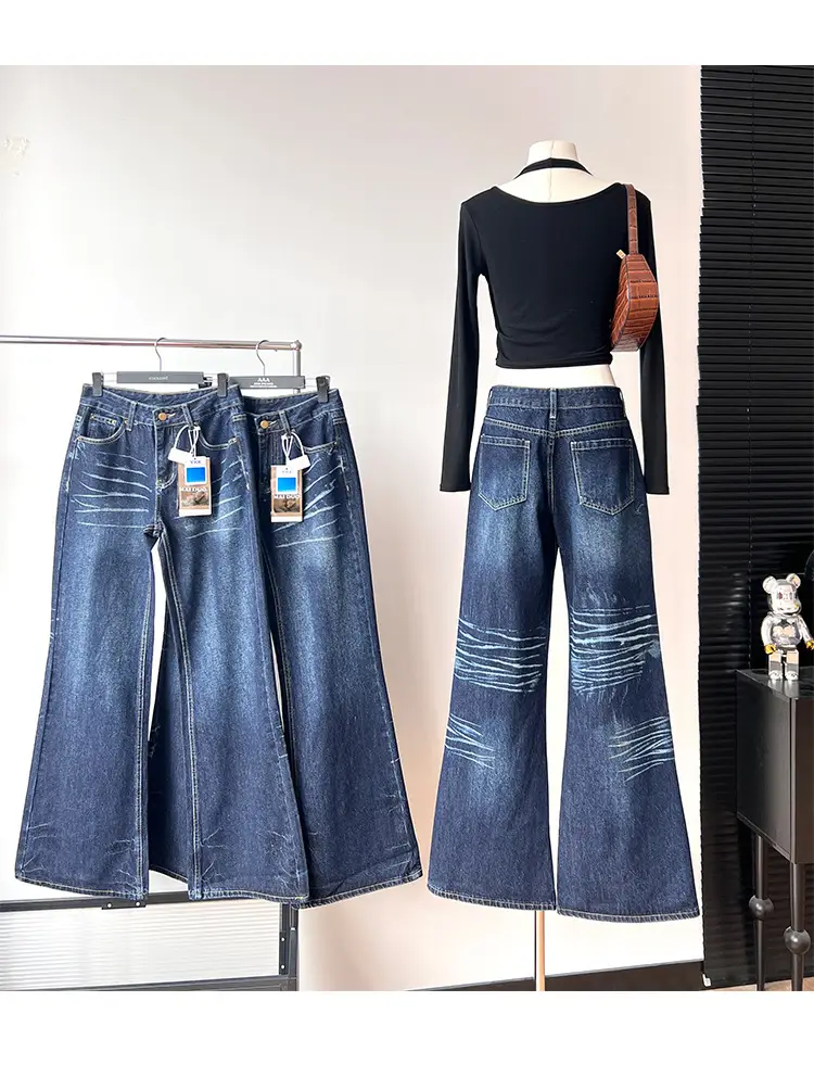 Dark Blue Cat Pattern Wide Leg Jeans for Women — feature 6