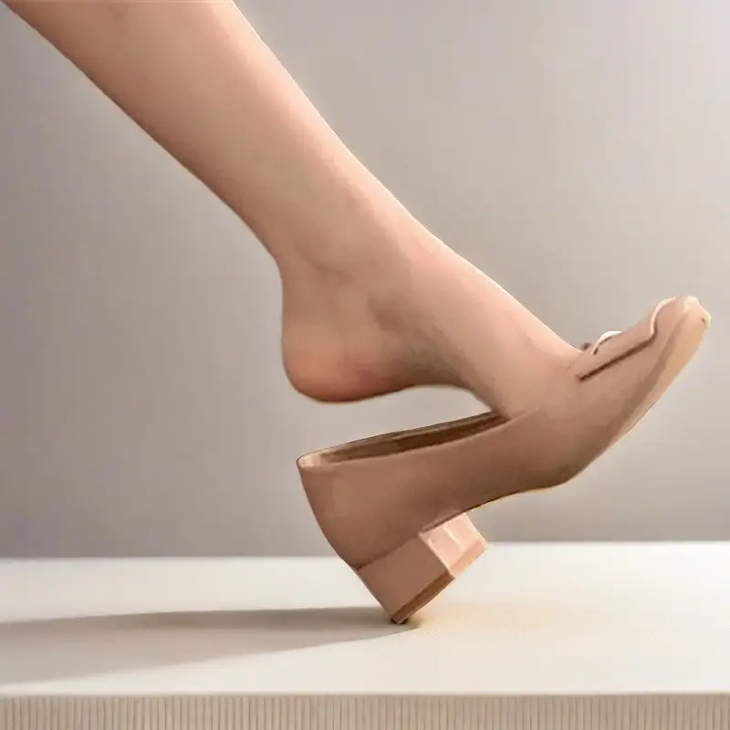 2026 New Style French High Heels, Comfortable Professional Shoes, Stylish Square Buckle Mid-Heel Nude Round-Toe Single Shoes for Women - Image 4